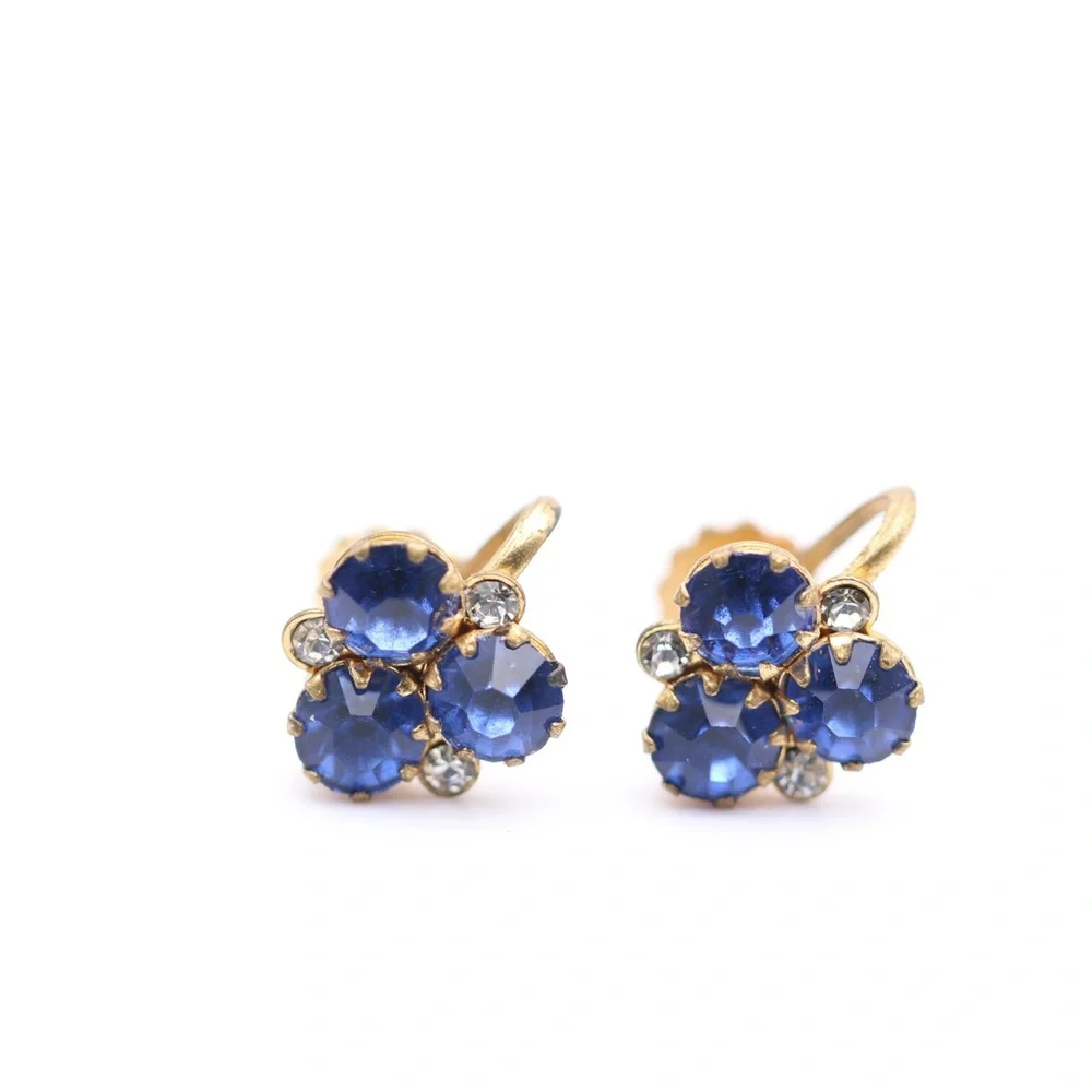 Vintage CARO Blue Rhinestone Floral Earrings Gold Tone Screw Back Cluster